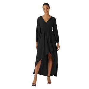 Halara Maxi Casual Dress Deep V-Neck Long Sleeve Crossover Hem High Low Flowy